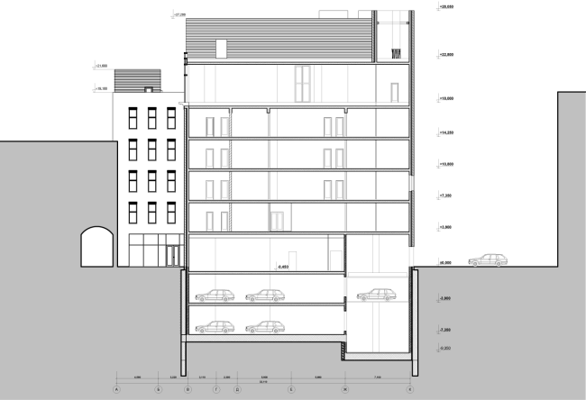 Схема разреза 2-2. Гостиница с апартаментами и подземной автостоянкой в Электрическом переулке, 2014 © Мастерская архитектора Бавыкина