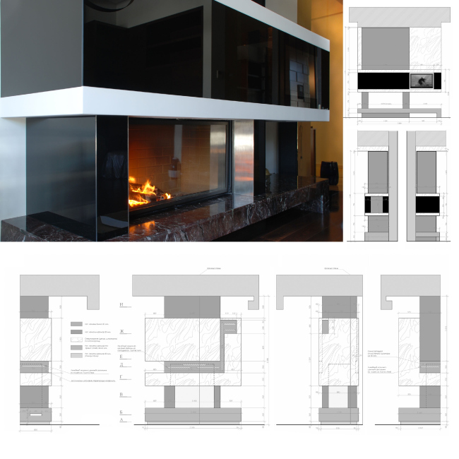 Country house in Moscow area. The dark glass above the fireplace is used as a multimedia screen � Fourth dimension