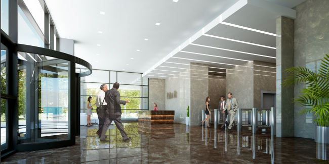 Design of the interior of the entrance lobby of the minor building. Administrative and business center at the Rublev Shosse.  Sergey Kiselev and Partners