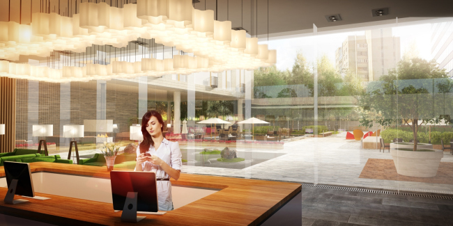 Apartment complex "Volga" at the Bolshaya Spasskaya Street. Big glass lobby � ADM