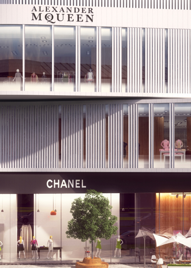 Hotel and shopping complex at the Leninsky Avenue. Fragment of the facade of the shopping center � ADM Studio