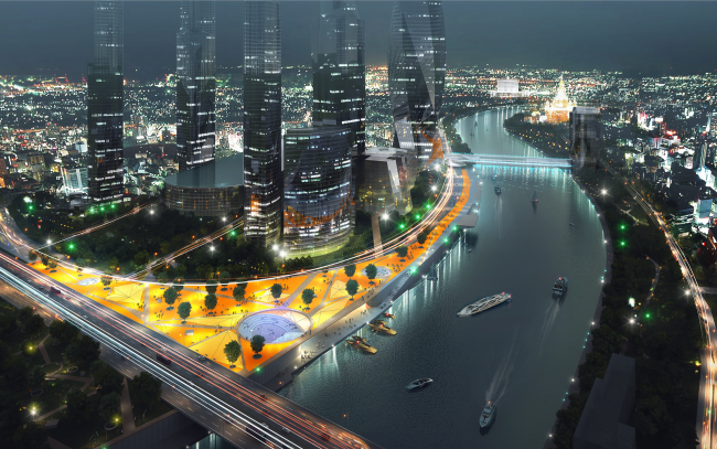 Moscow City. Concept of the riverfront development of the Moskva River  Meganom