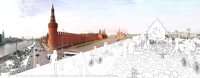 The esplanade of the Moskvoretsky Bridge as the continuation of the Red Square. Concept of the riverfront development of the Moskva River  Ostozhenka