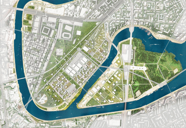 ZIL Plant. Concept of the riverfront development of the Moskva River  Ostozhenka