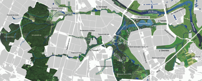 Proposal of developing the Gorodnya River: the southern analogue of the Moskvoretsk Park. Concept of the riverfront development of the Moskva River  Ostozhenka