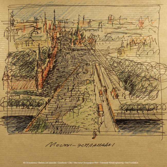 The esplanade of the Moskvoretsky Bridge as the continuation of the Red Square. Sketch. Concept of the riverfront development of the Moskva River � Ostozhenka