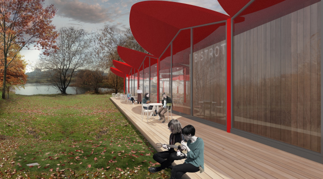 Cafe next to the creek. Concept of the landscape development of "Mitino" Park. Landscape design studio Arteza � Arteza