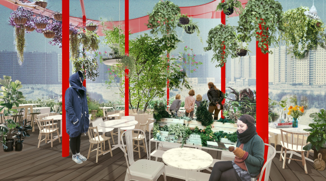 Greenhouse cafe. Concept of the landscape development of "Mitino" Park. Landscape design studio Arteza © Arteza