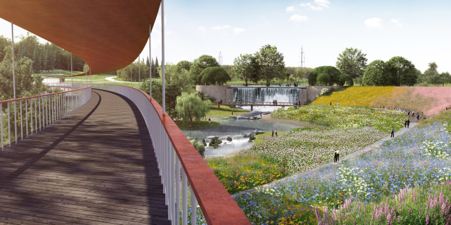View from the bridge. Concept of the landscape development of "Mitino" Park. Landscape design studio Arteza  Arteza