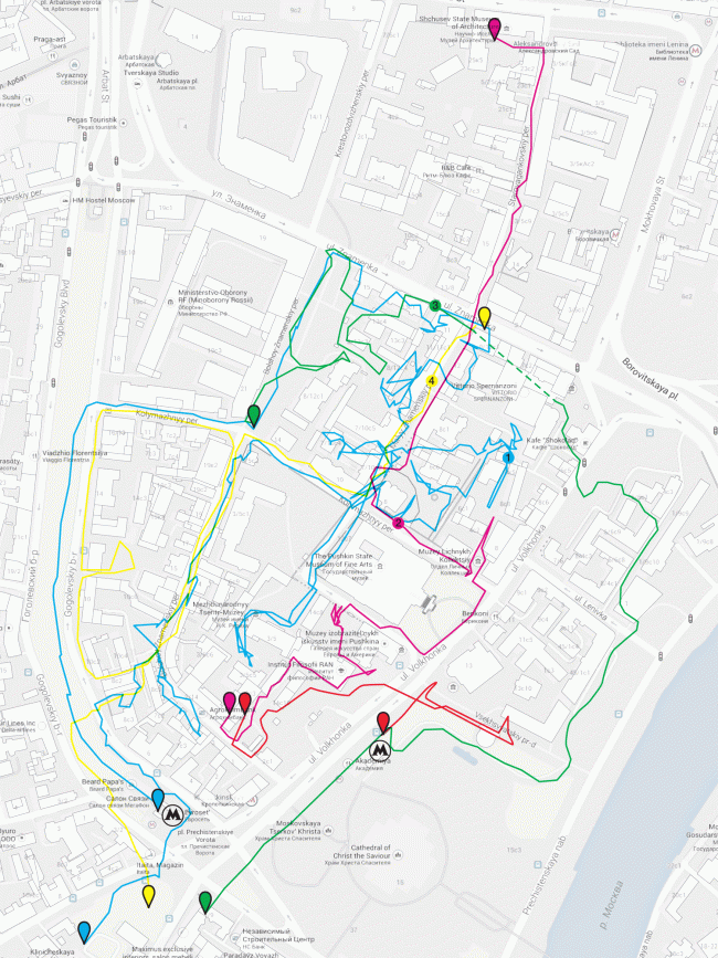 The integrated map of the routes of the field survey fixing the current permeability of the area. Volkhonka Quarters - Culture Territory - Volkhonka Archive. Architectural and town-planning survey  "Ostozhenka" Bureau