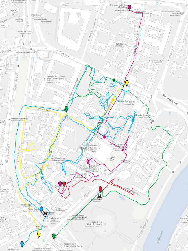 The integrated map of the routes of the field survey fixing the current permeability of the area. Volkhonka Quarters - Culture Territory - Volkhonka Archive. Architectural and town-planning survey � "Ostozhenka" Bureau