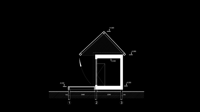 Eco house project. Section view of the house  Totan Kuzembaev architectural studio