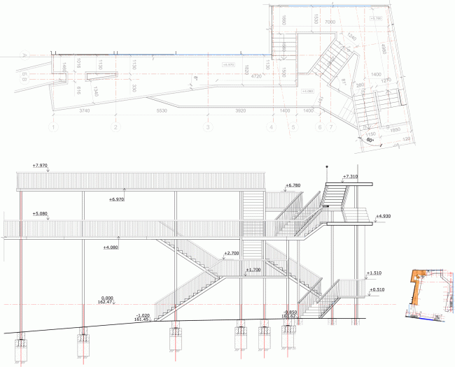 Plan and section view of the west part of the yard galleries. "Electrotheater Stanislavsky". 2014  Wowhaus