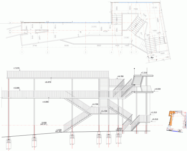 Plan and section view of the west part of the yard galleries. "Electrotheater Stanislavsky". 2014 � Wowhaus
