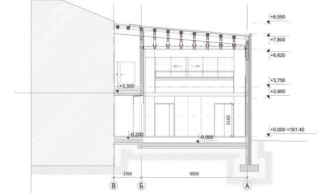 Building 3 (Minor stage), cross-section view. "Electrotheater Stanislavsky". 2014 � Wowhaus