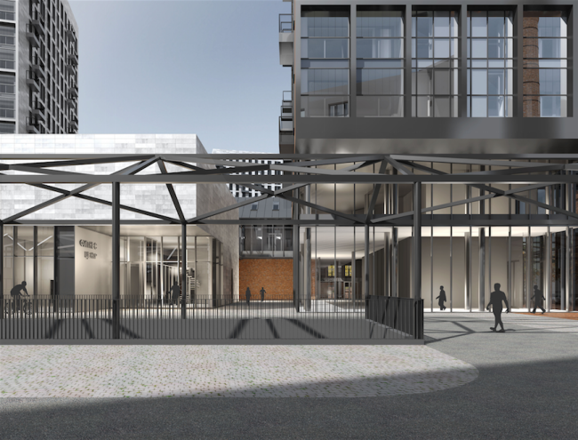 The playground and public space on the roof of the entrance to the underground parking lot