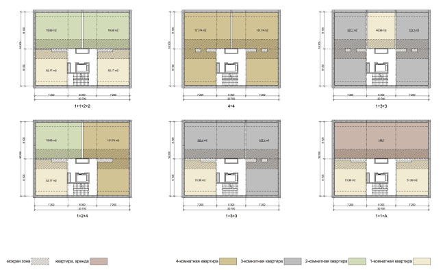 Project of building Kazan's "Sedmoye Nebo" ("Seventh Heaven") residential district. Plan of the typical floor of the residential section  Sergey Skuratov Architects