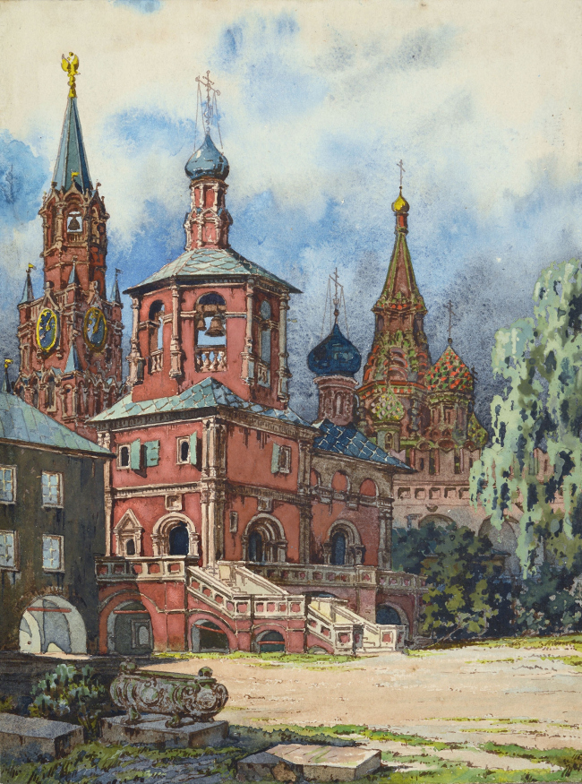 Церковь Михаила Малеина Вознесенского монастыря Вид с юго-запада. 1920-е гг. Бумага на картоне, акварель, белила. 31,6 × 23,5. ГНИМА Р I–12185. Предоставлено издателем Церковь Михаила Малеина Вознесенского монастыря Вид с юго-запада. 1920-е гг. Бумага на картоне, акварель, белила. 31,6 × 23,5. ГНИМА Р I–12185. Предоставлено издателем