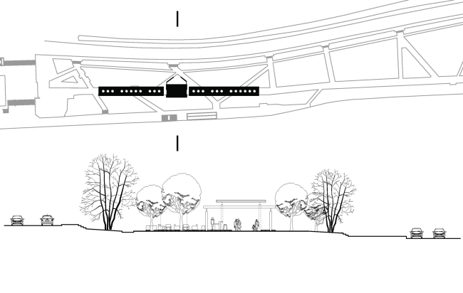 Diagrams of the location of the covered passage on the master plan and the cross section of the boulevard. Concept of "Dinamo"Boulevard. Author: Anastasia Rozhkova