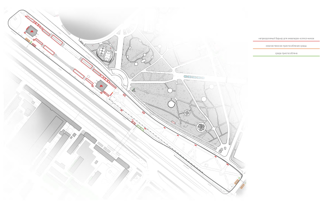 Environment accessibility analysis. Map of the problem spots. Concept of "Dinamo" Boulevard. Author: Daria Gerasimova