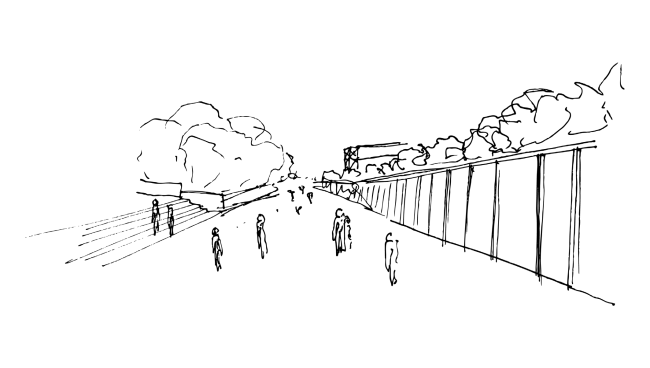 Sketches of the modular structure and the square behind it. Concept of "Dinamo" Boulevard. Author: Andrew Fomichev.