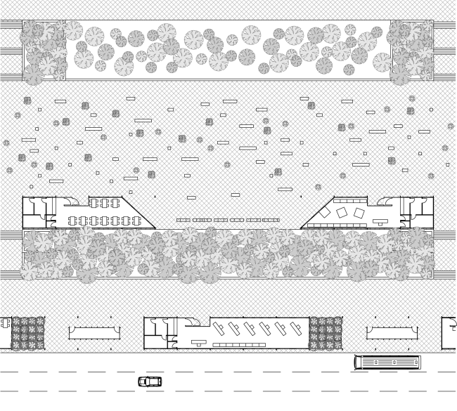 Example of placing the benches and the tubs on the square on a regular day. Concept of "Dinamo" Boulevard. Author: Andrew Fomichev.