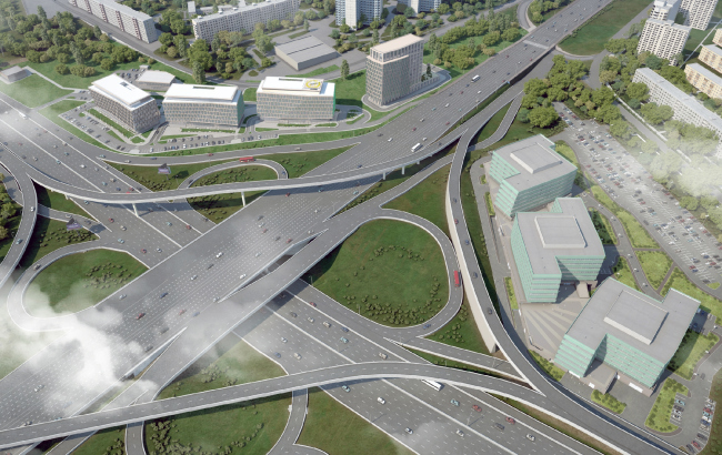 The location of the office and business center "Wwstern Gate 2" in respect to the Mozhaisk Highway. North of the highway - the first stage, south of the highway - second stage � ABD architects