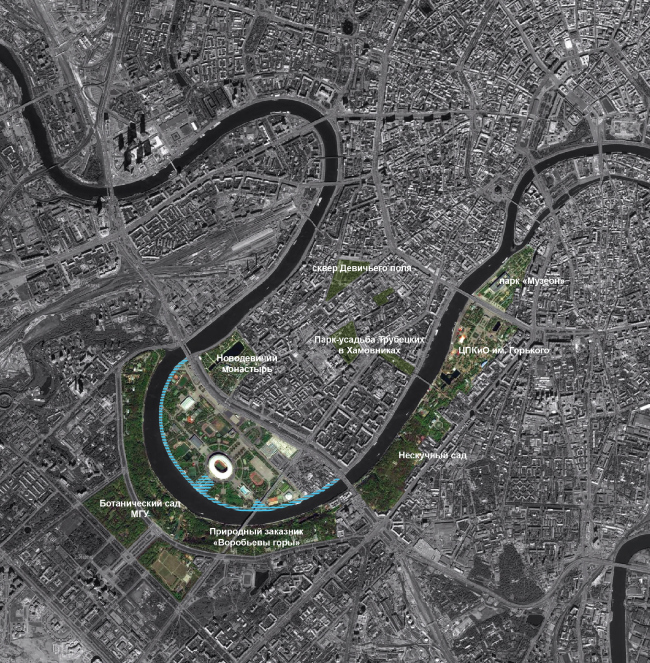 Recreational connection: location map of the Luzhnetskaya Embankment in respect to other parks in the center of Moscow. Concept of developing the Luzhnetskaya Embankment � Wowhaus