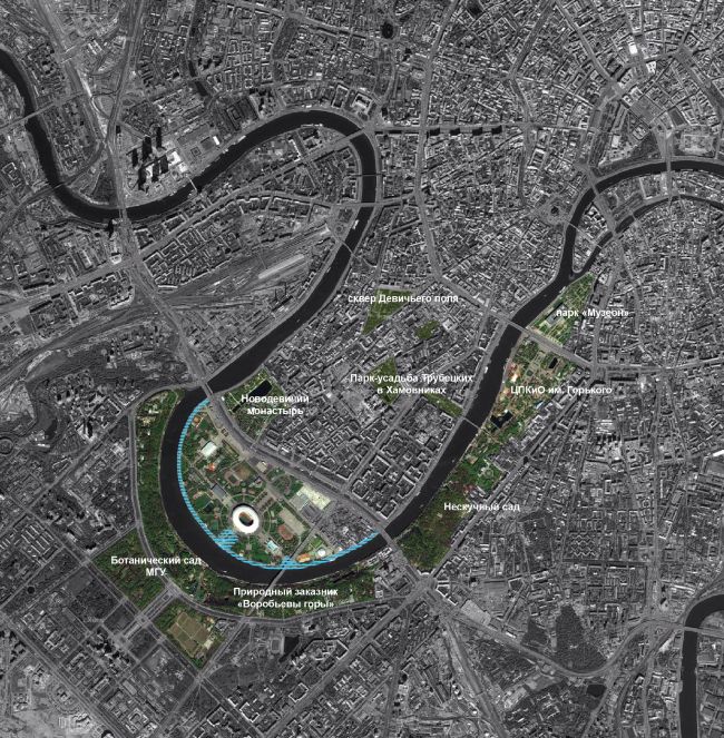 Recreational connection: location map of the Luzhnetskaya Embankment in respect to other parks in the center of Moscow. Concept of developing the Luzhnetskaya Embankment  Wowhaus