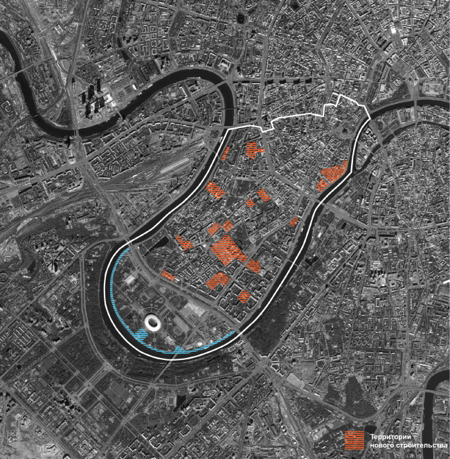 The inside-of-district potential; plan of the new-construction sites inside the district of Khamovniki. Concept of developing the Luzhnetskaya Embankment  Wowhaus