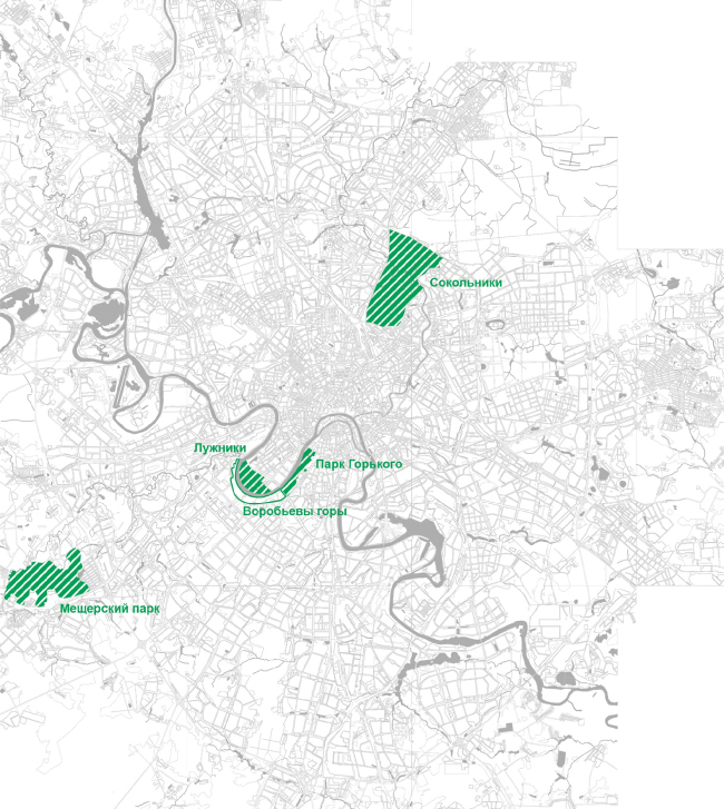 The three parks with which the architects compared Luzhniki in the course of their "competitive analysis": Sokolniki, Gorky Park, and the Meshersky Park beyond the Ring Road. The research showed that Luzhniki have the most developed sports infrastructure.