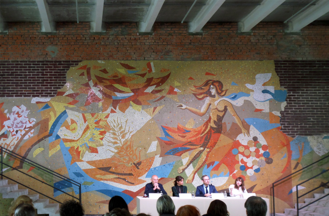 The mosaic "Autumn" has survived into the present since the soviet days. Where the mosaic is broken, the resored glazed bricks are seen. Photograph � Ilia Mukosey
