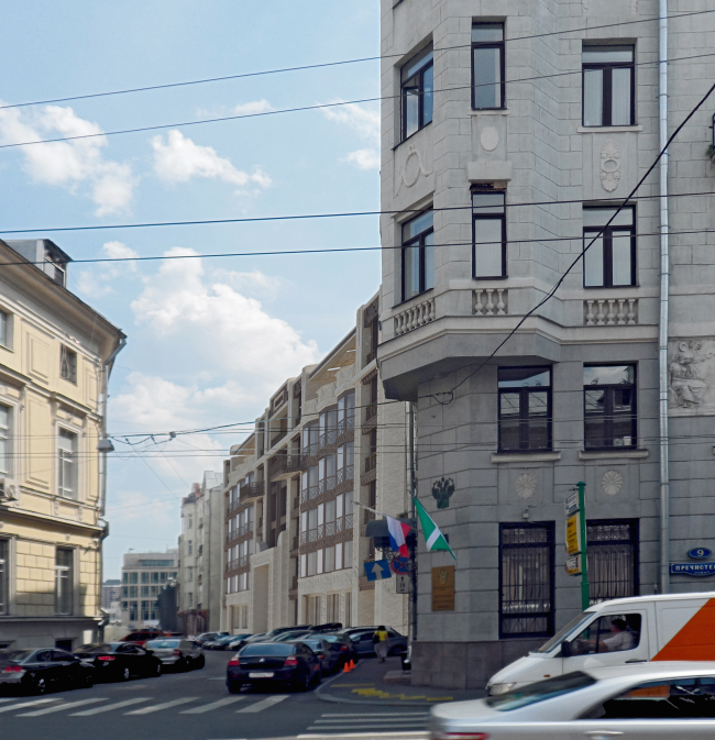 Residence in Vsevolozhsky. Main facade. View from the Prechistemka Street  Mezonproject