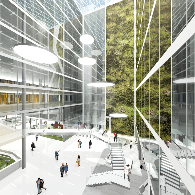 Rusian Olympic Committee HQ. Atrium of the investor's office building with a ten-story wall of vertical green plants � "Reserve"