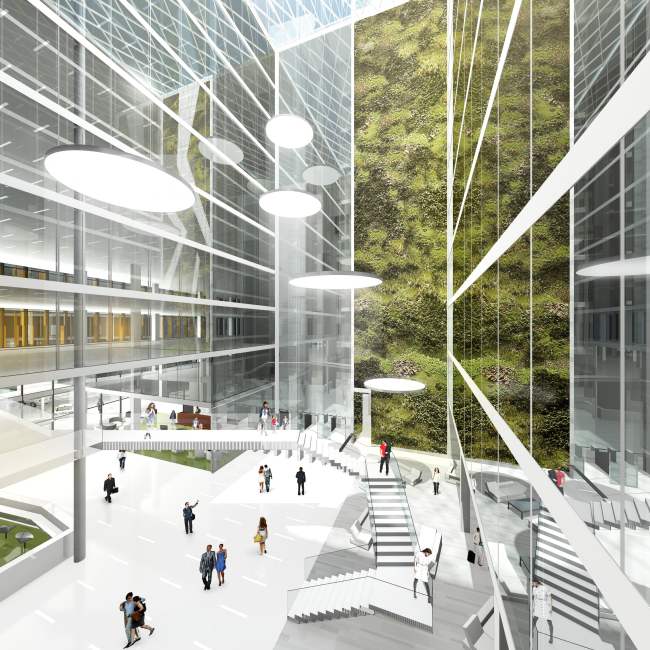 Rusian Olympic Committee HQ. Atrium of the investor's office building with a ten-story wall of vertical green plants  "Reserve"