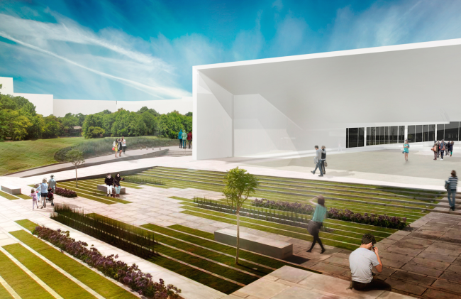 Architectural and engineering proposal on the housing project in Ilinskoe. View of the entertainment center from the central boulevard � Vissarionov Studio