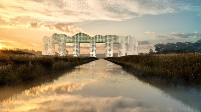 Architectural concept of "Ishim" techno-park. View of the hotel complex  Totan Kuzembaev Studio