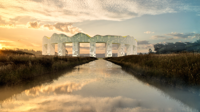 Architectural concept of "Ishim" techno-park. View of the hotel complex � Totan Kuzembaev Studio