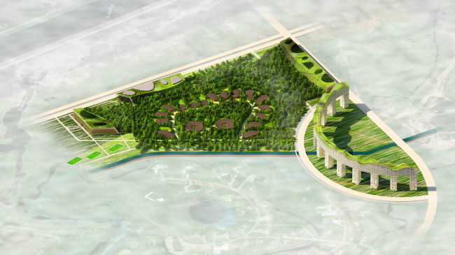Architectural concept of "Ishim" techno-park. Axonometry  Totan Kuzembaev Studio