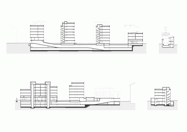 Residetial complex at the Leo Tolstoy Street. Section views ©  "Sergey Kiselev and Partners"
