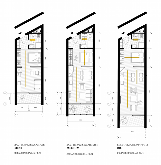 A student housing project. Floor plans of the studios. Author: Polina Korochkova, fourth year student of Moscow Institute of Architecture