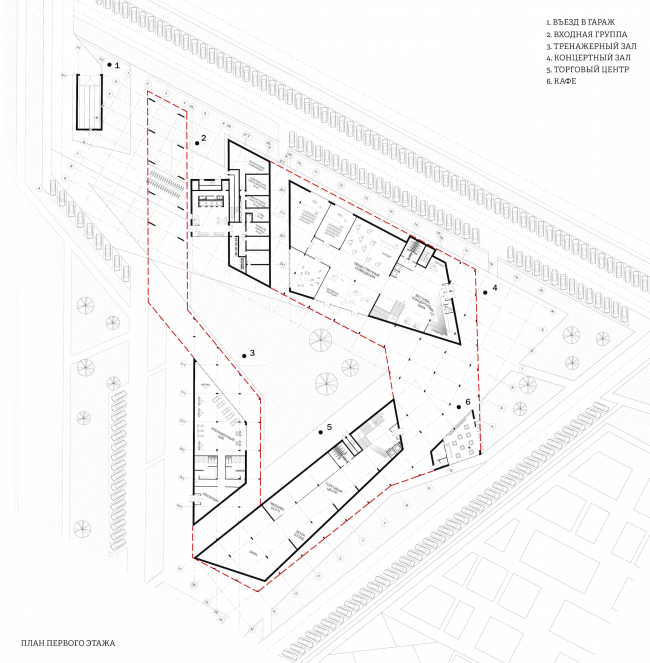 A student housing project. Stylobate. Plan of the first floor. Author: Polina Korochkova, fourth year student of Moscow Institute of Architecture