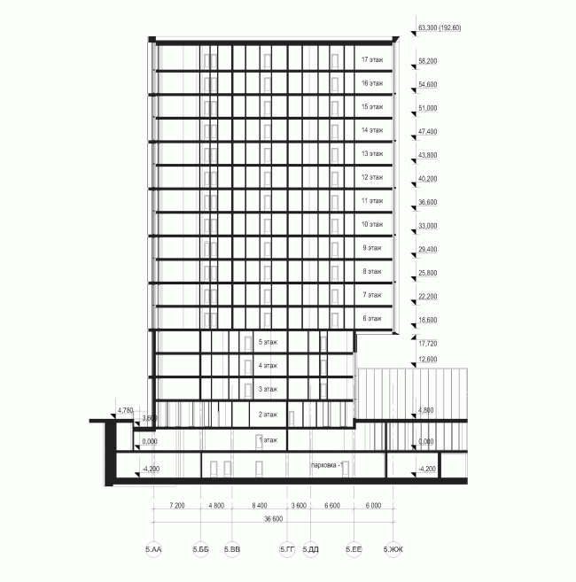 Multifunctional residential development in Khamovniki (Quarter 5 of "Sadovye Kvartaly" complex). Section view  Sergey Skuratov Architects