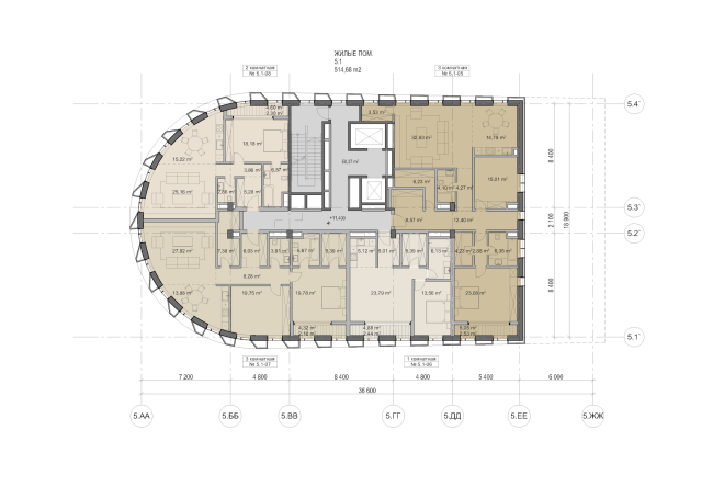 Multifunctional residential development in Khamovniki (Quarter 5 of "Sadovye Kvartaly" complex). Plan of floors 3-5 of Building 5.1  Sergey Skuratov Architects