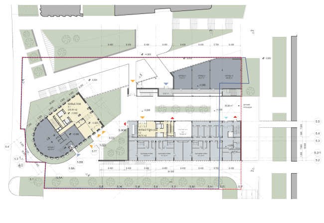 Multifunctional residential development in Khamovniki (Quarter 5 of "Sadovye Kvartaly" complex). Plan of the level of the entrance areas  Sergey Skuratov Architects