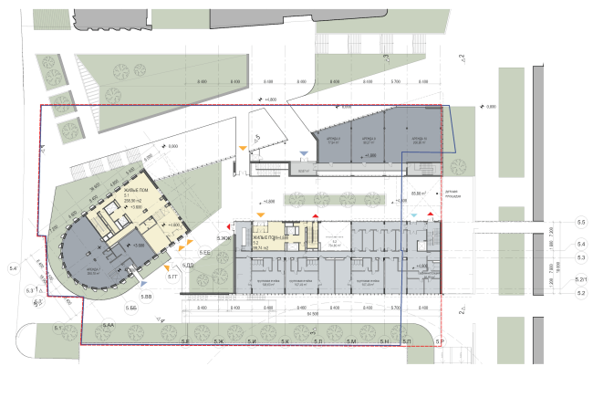 Multifunctional residential development in Khamovniki (Quarter 5 of "Sadovye Kvartaly" complex). Plan of the level of the entrance areas � Sergey Skuratov Architects