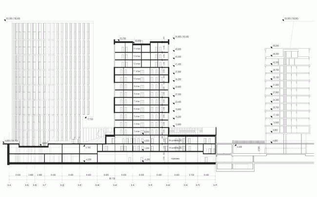 Multifunctional residential development in Khamovniki (Quarter 5 of "Sadovye Kvartaly" complex). Section view  Sergey Skuratov Architects