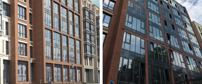 The project implemented by "DONSTROY". Malaya Pirogovskaya, 8. On the left: facades upon the project by "Group ABV". On the right: facade with arbitrarily self-produced elements of substandard quality, unapproved by "Group ABV" and violating the aesthetic