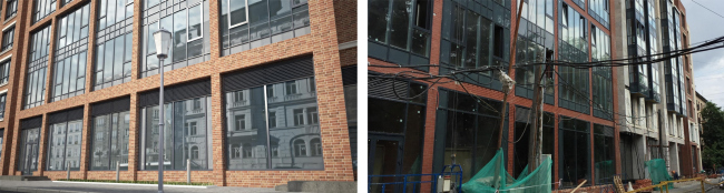 The project implemented by "DONSTROY". Malaya Pirogovskaya, 8. On the left: facades upon the project by "Group ABV". On the right: facade with arbitrarily self-produced elements of substandard quality, unapproved by "Group ABV" and violating the aesthetic
