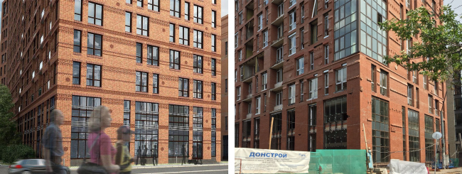 The project implemented by "DONSTROY". Malaya Pirogovskaya, 8. On the left: facades upon the project by "Group ABV". On the right: facade with arbitrarily self-produced elements of substandard quality installed in the wrong way, unapproved by "Group ABV"